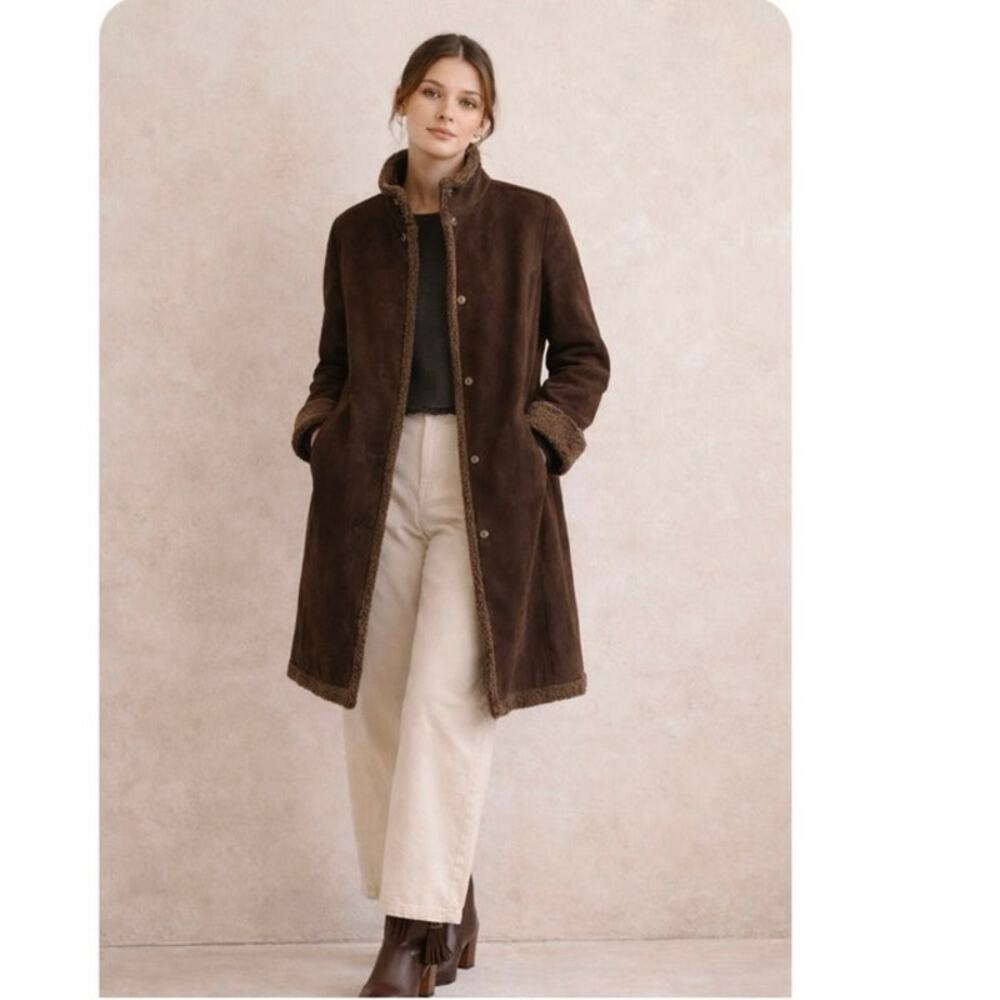 L.L. Bean Chocolate Brown Faux Suede and Shearling Coat NWOT - Picture 5 of 10